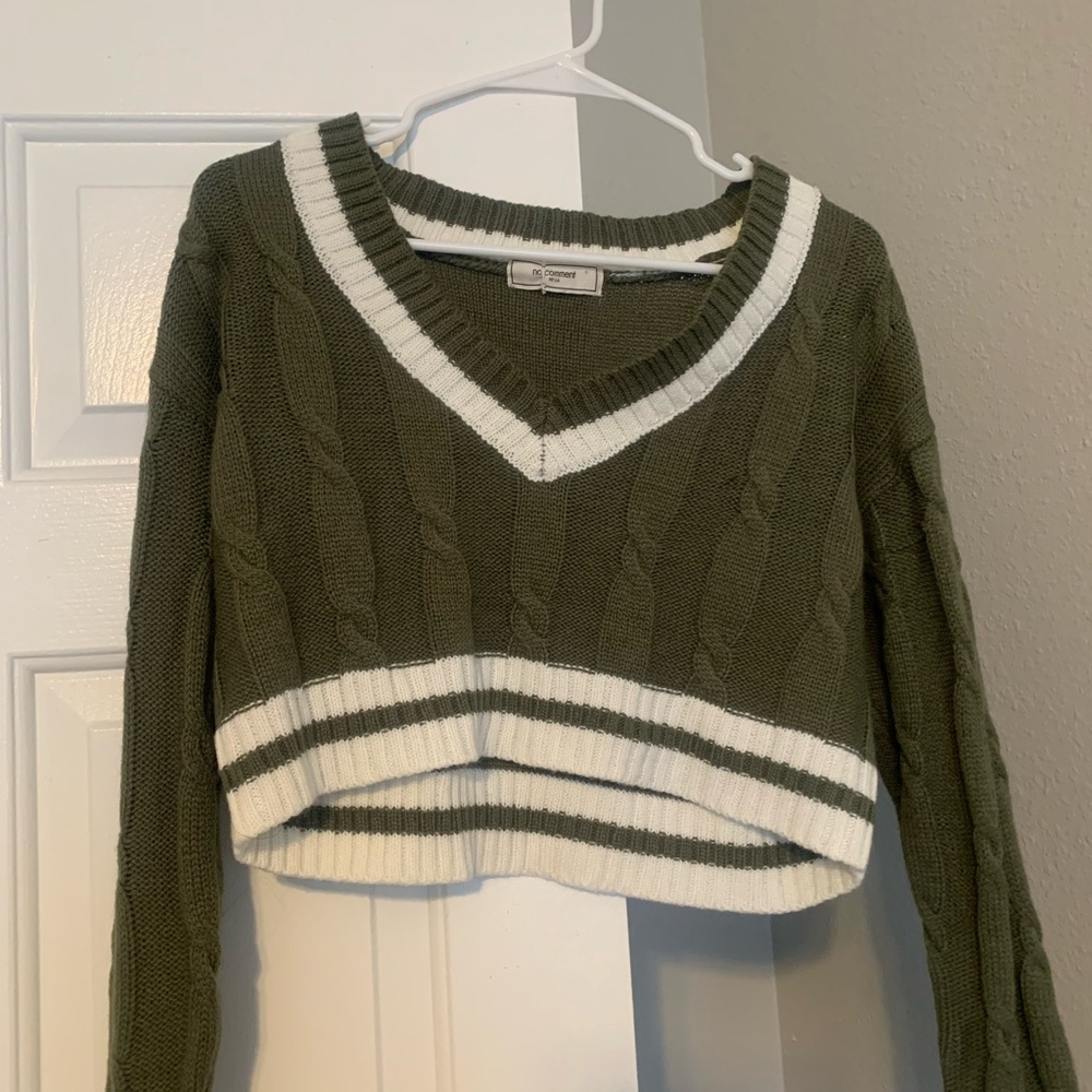 Olive Green Cable Knit Sweater with White Accents
